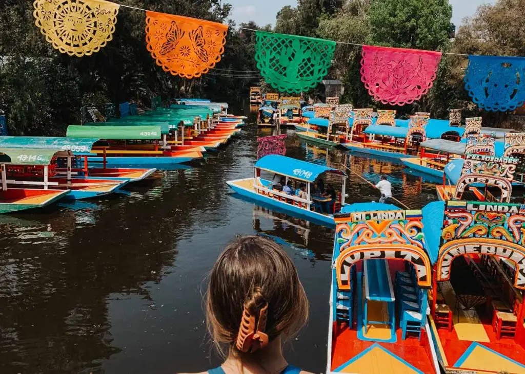 A view of the trajineras at the floating gardens of Xochimilco