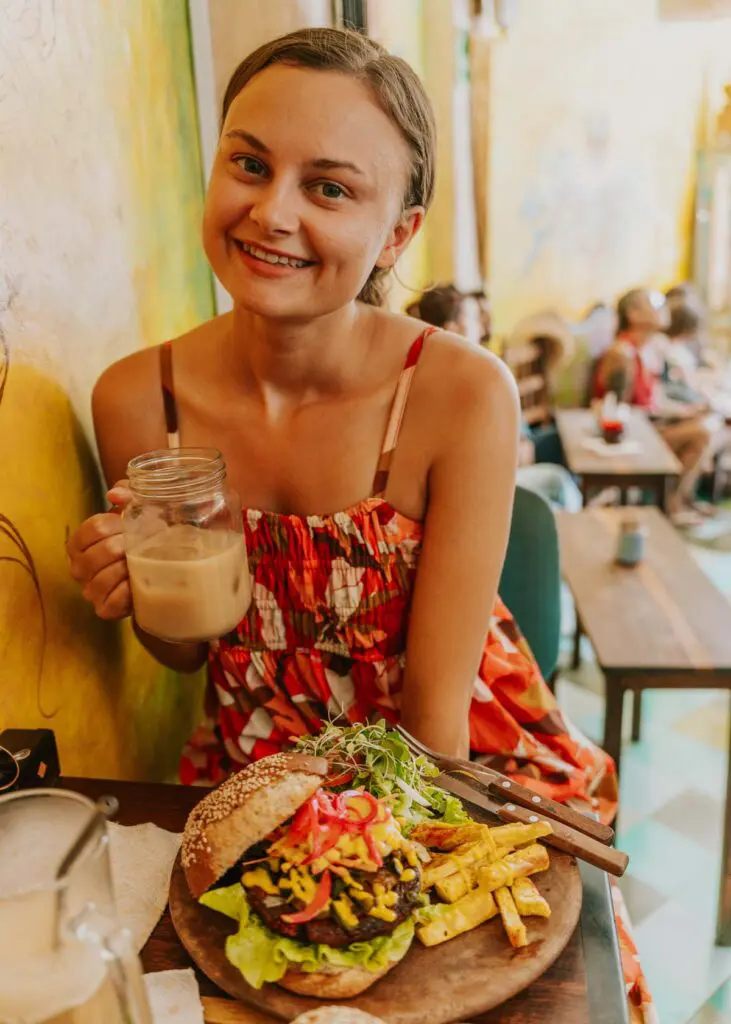 Eating at a vegan restaurant in Valladolid, Mexico near Chichen Itza archaeological site