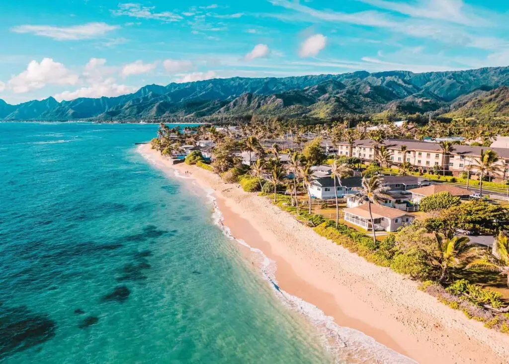Drone view of the beach in Laie near the Courtyard by Marriott, one of the best places to stay Oahu North Shore