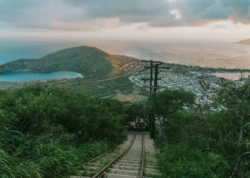 Looking down at Koko Crater Tramway with a view of Hanauma Bay and Hawaii Kai at the Koko Crater hike on Oahu