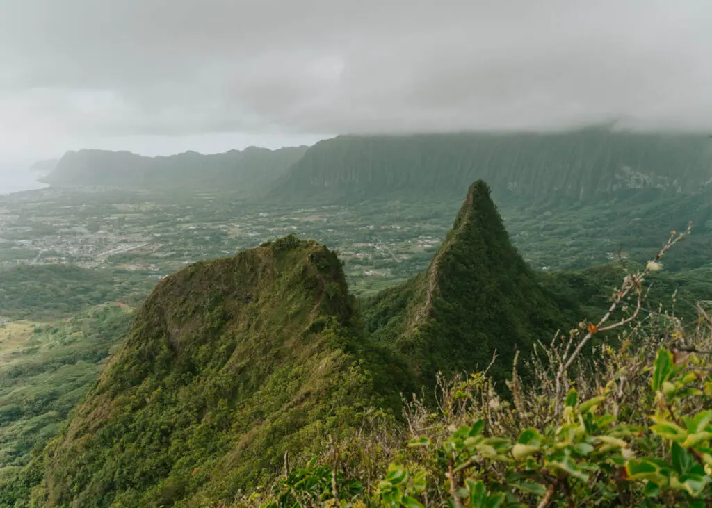 Mt. Olomana's Second and Third Peak, this view is from the First Peak, which is one of the best short Oahu hikes