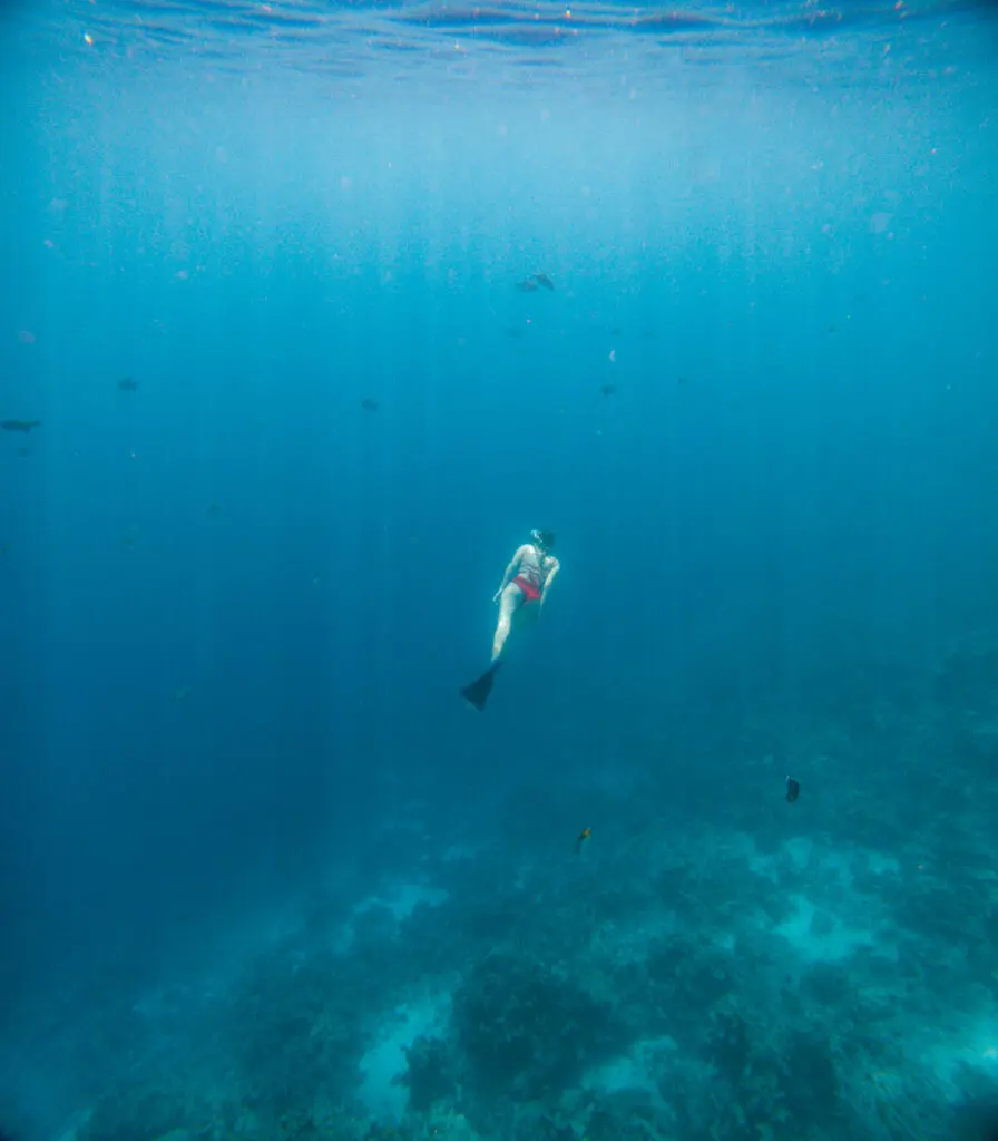 A person wearing a snorkel and fins swims underwater off the coast of the Big Island of Hawaii, surrounded by the deep blue ocean. Sunlight filters from above, illuminating patches of coral on the ocean floor and a few small fish swimming nearby.