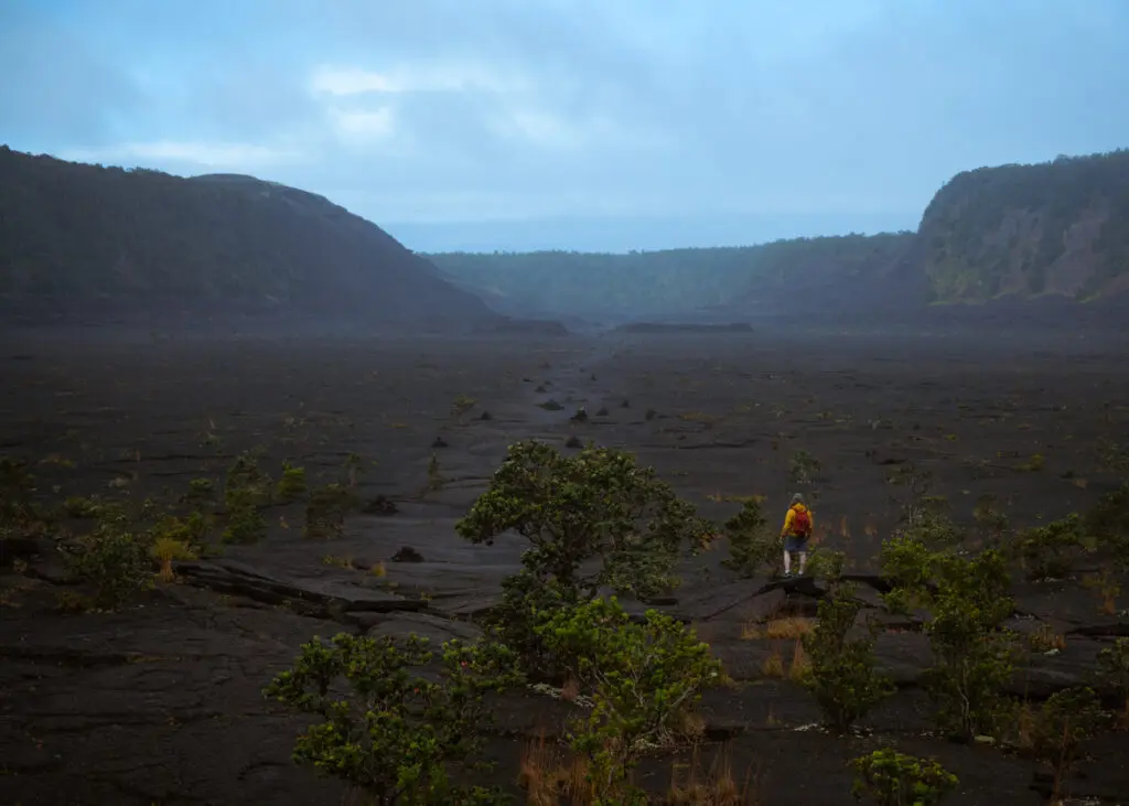 A person wearing an orange backpack overlooks the Kiluea Iki trail on the Big Island of Hawaii.