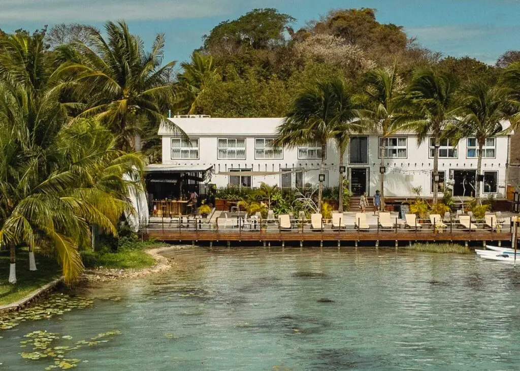 The Yak Lake House on Bacalar lagoon. The view includes the white hostel building, palm trees, lounge chairs on a deck by the lagoon.