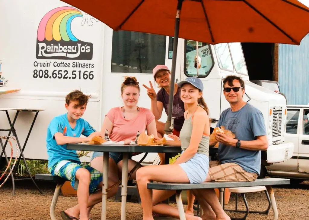 Family photo at Rainbeau Jo's food truck, a lesser known spot in Kauai