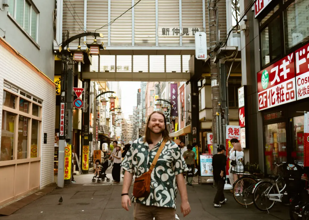 My husband walking along the streets of Asakusa, a great place to shop in Tokyo 