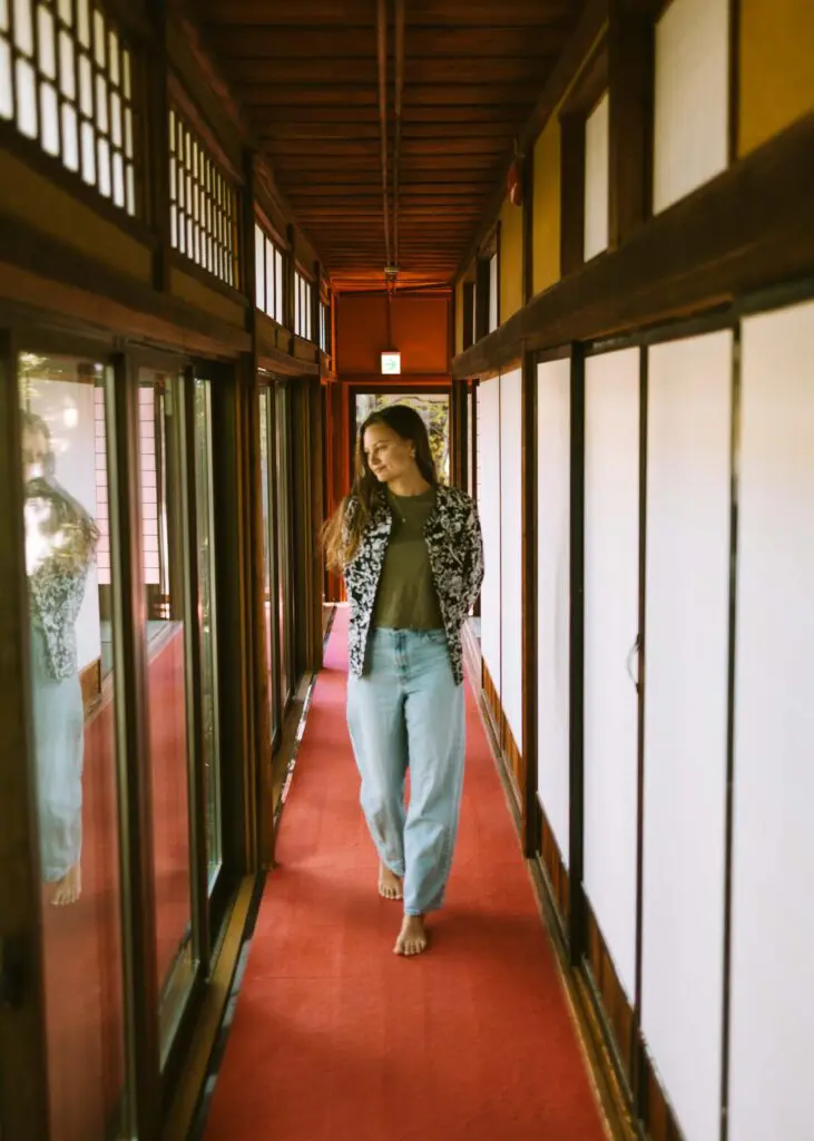 Walking through the halls of our room in a Buddhist temple stay in Takayama