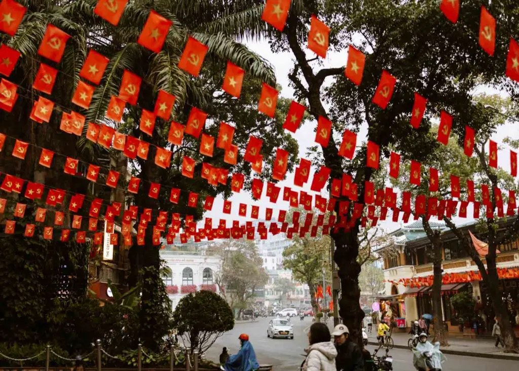Flags hanging down in the Old Quarter of Hanoi in Vietnam