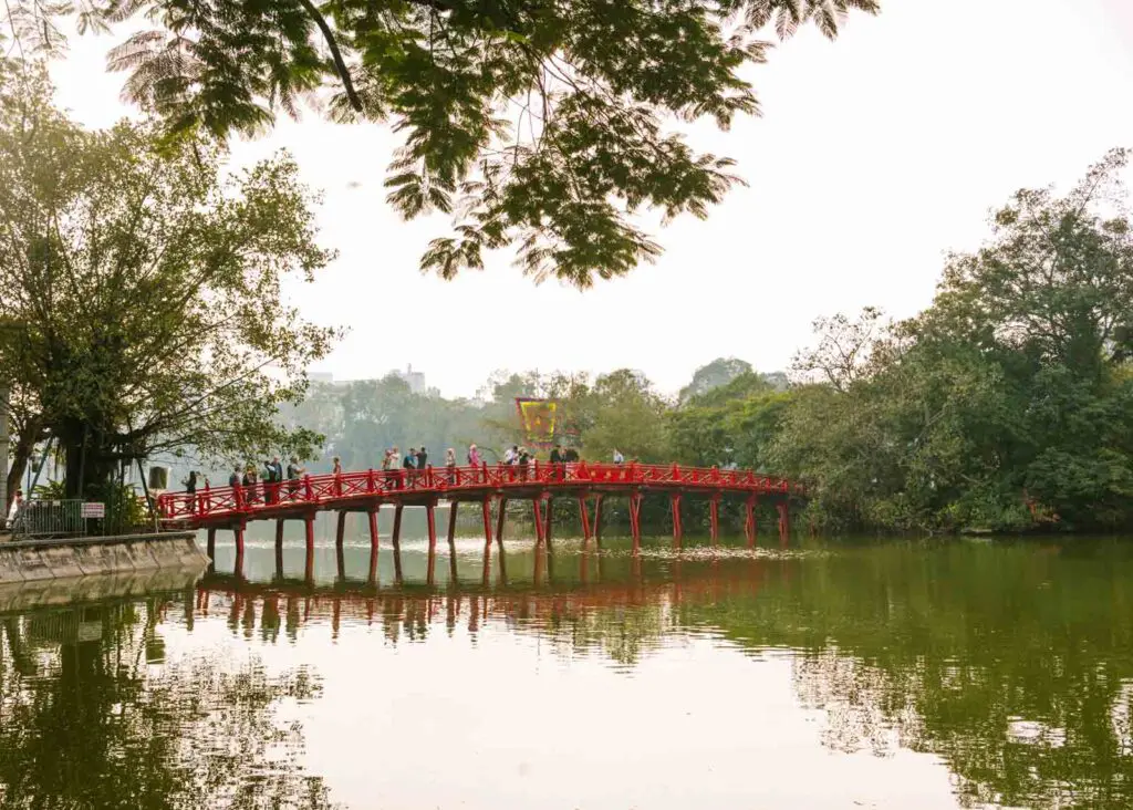 The red bridge to Ngọc Sơn Temple in Hanoi