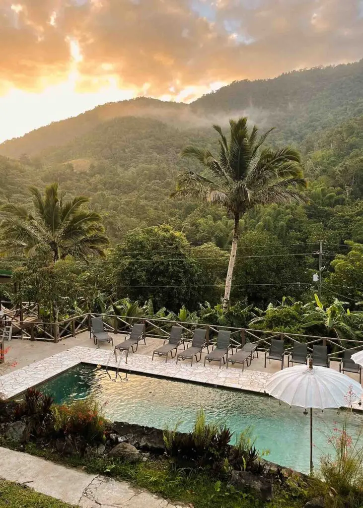 Sunset over a pool at a resort in the mountains of Puerto Rico
