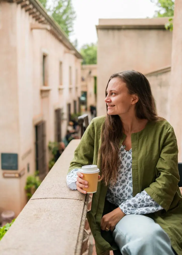 Sipping coffee at Tlaquepaque, one of the best areas to stay in Sedona
