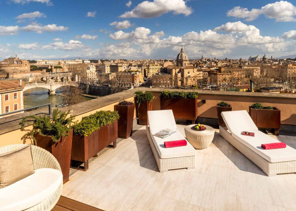 Terrace overlooking the TIber River at a hotel in Trastevere